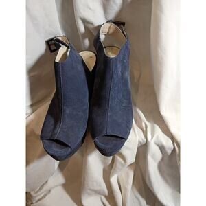 Kenneth Cole Blue Suede Wedge Shoes Open Toe Floral Embroidery Sz 8 Boho...